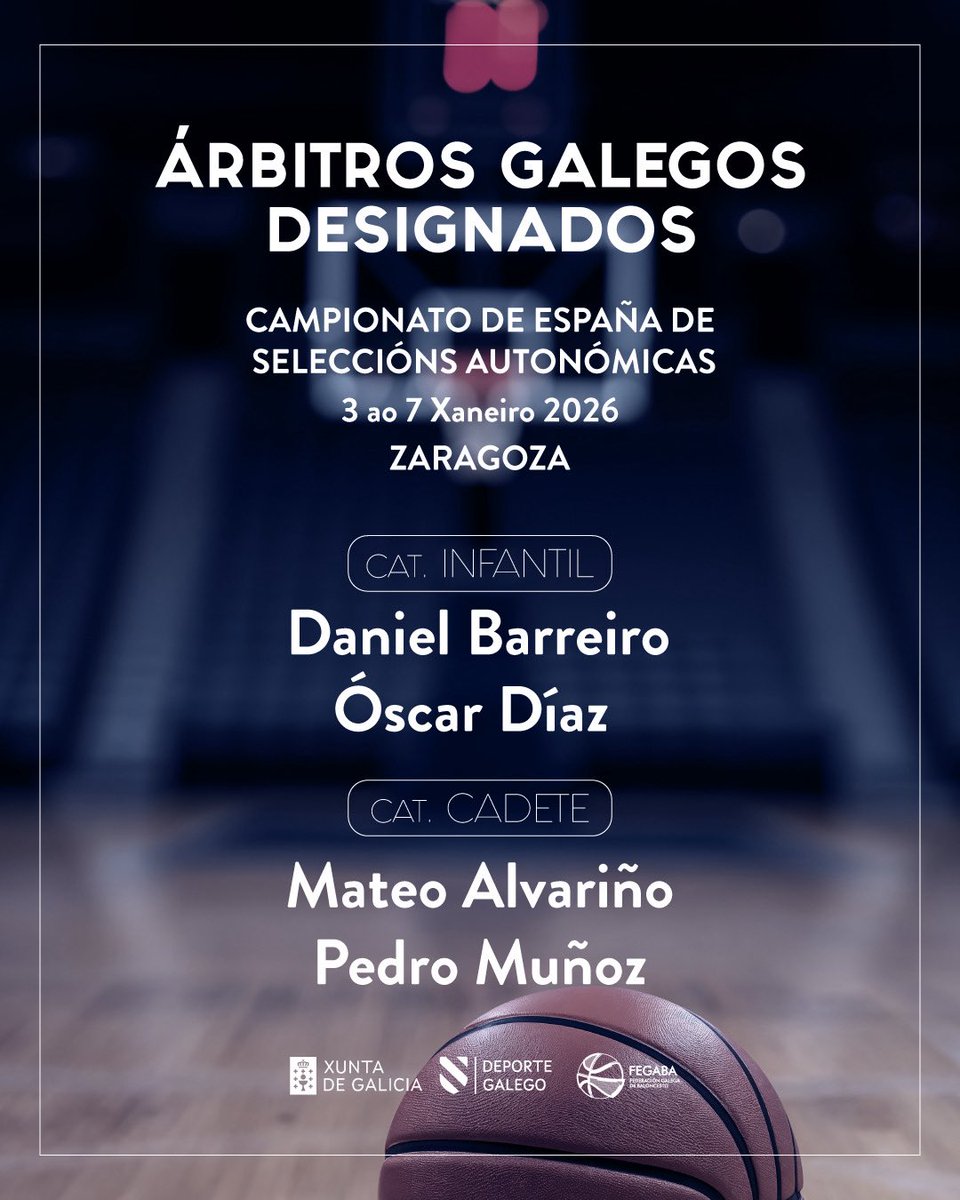 FGB_Baloncesto's tweet photo. 4️⃣ colexiados FEGABA para o #KDTINF2026 ⛹🏻‍♀️⛹️

👏Daniel Barreiro, Óscar Díaz, Mateo Alvariño e Pedro Muñoz representarán á arbitraxe galega no Campionato de España de Seleccións Infantil e Cadete @BaloncestoESP 

🔵 Infantil: Daniel e Óscar 🔵 Cadete: Pedro e Mateo.

🎉 Parabéns! https://t.co/1RxsiEmAil
