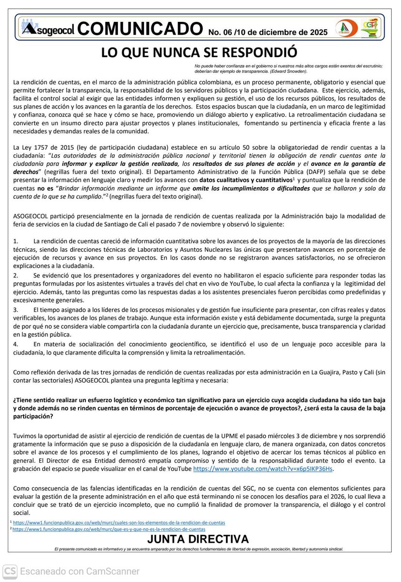 Comunicado No. 6 "Lo que nunca se respondió" <a href="/sgcol/">Servicio Geológico Colombiano</a> <a href="/MinEnergiaCo/">Minenergía</a> <a href="/ANMColombia/">AgenciaNaldeMinería</a> <a href="/UPMEOficial/">Unidad de Planeación Minero Energética - UPME</a> <a href="/CGTCol/">CGT Oficial Colombia</a> <a href="/CGR_Colombia/">Contraloría General de la República de Colombia</a> <a href="/CGTCol/">CGT Oficial Colombia</a> <a href="/UTRADECC/">UTRADEC - CGT</a> <a href="/ASPANM3/">ASPANM</a> <a href="/ANHColombia/">Agencia Nacional de Hidrocarburos - ANH</a>