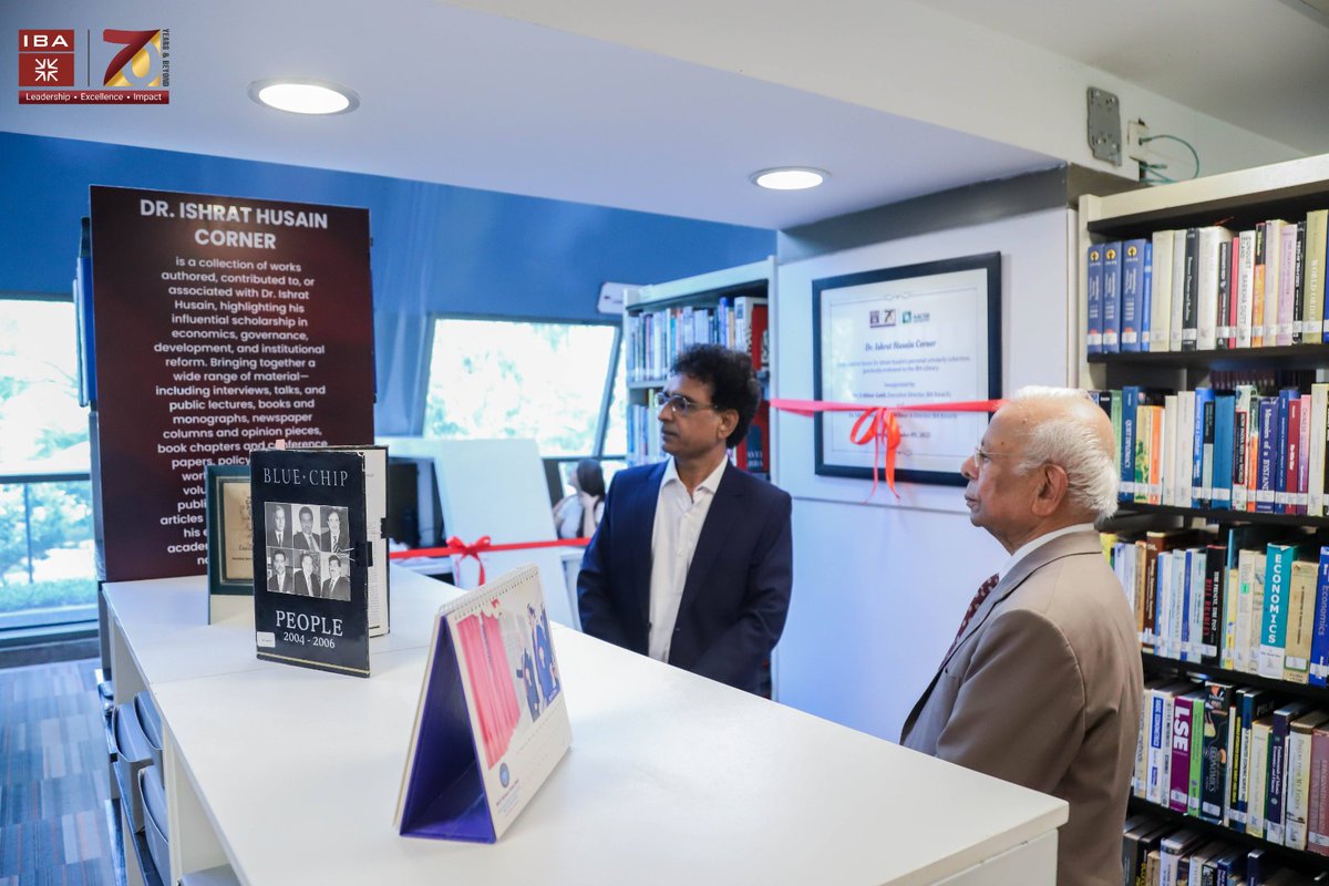 ibakhiofficial's tweet photo. A Tribute to Academic Excellence: Dr. Ishrat Husain Corner unveiled at the IBA Library.

Honoring the legacy of Dr. Ishrat Husain, Former Dean & Director (2008–2016), IBA inaugurated the Dr. Ishrat Husain Corner—featuring his personal collection—in appreciation of his academic and scholarly contributions.

The ceremony was held in the presence of Dr. S Akbar Zaidi, Executive Director, and Dr. Husain himself, celebrating a leader whose vision continues to inspire generations. 

#IBAKarachi #AACSB #DrIshratHusain #IBALibrary #70Years #Leadership #Excellence #Impact