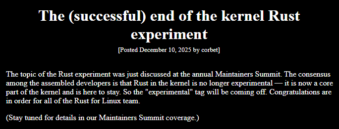 vaniusrb's tweet image. With over 65,000 lines of code in the Linux kernel, Rust had reached a point of no return. Now it&apos;s official: Rust in the Kernel is no longer an experiment. It has been incorporated as an essential part of the Kernel!

Rust is the language that offers C-level performance, but…