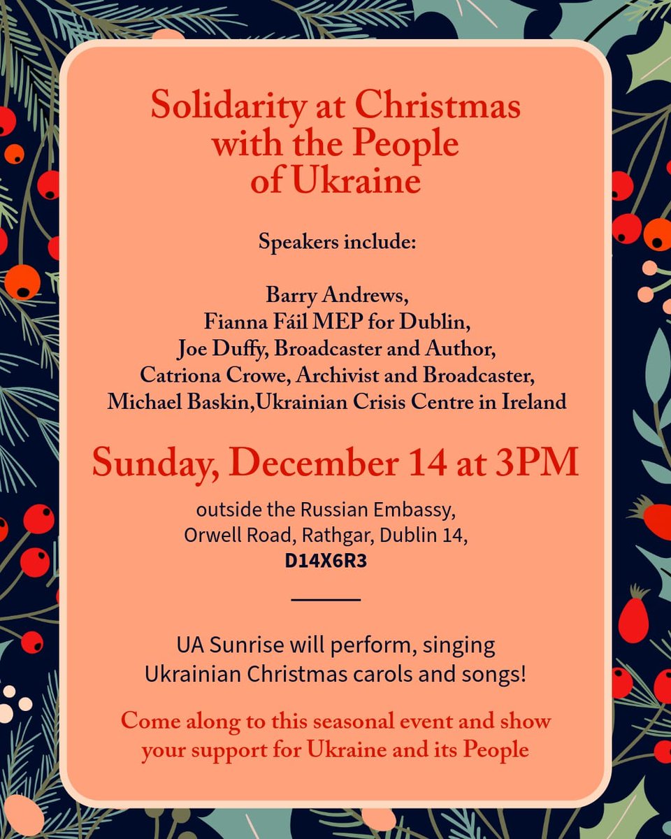 The group that has been protesting outside the russian embassy in Dublin since February 2022 is holding an event "Christmas Solidarity with the People of Ukraine"
🗓️ Sunday the 14th of December, 3pm
📍 outside the russian embassy, Orwell Rd, Dublin, D14X6R3
#StandWithUkraine️
