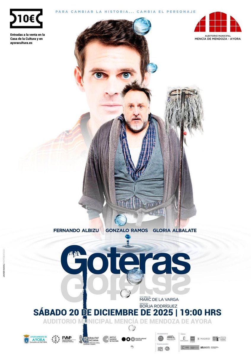 Teatro - Goteras
🗓️Sábado 20 de diciembre, a las 19:00 h.
🏛️Auditorio Municipal de #Ayora
➡️Entradas en Casa de la Cultura y ayoracultura.es
ℹ️+info: ayora.es/es/noticia-eve…