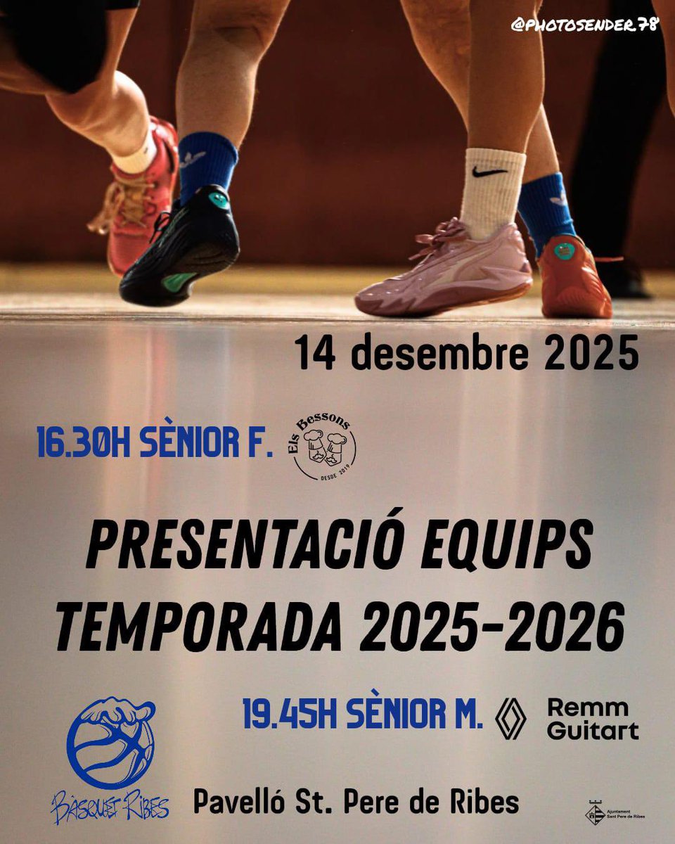 💙🤍 PRESENTACIÓ EQUIPS TEMPORADA 2025-2026.

16.30h partit
@els_bessons sènior femení vs <a href="/CBCastellbisbal/">BasquetCastellbisbal</a> B.

✅ Presentació Equips Temporada 2025-2026.

19.45h partit
<a href="/REMMGUITART/">Renault REMM GUITART</a> sènior masculí vs <a href="/CBAbrera/">CBAbrera</a> . 

#basquetribes #adnribes #spribes #esportribeta
<a href="/santperederibes/">Sant Pere de Ribes</a>
