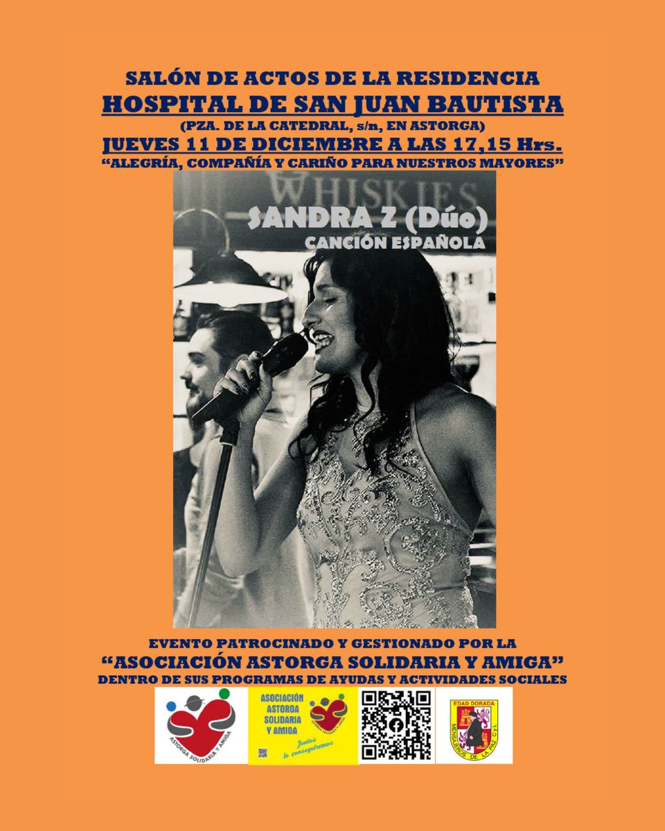 Sandra 2 (Dúo) actuará en el Salón de Actos de la Residencia Hospital de San Juan Bautista el jueves 11 de Diciembre a las 17:15 h.

#MontañasDelTeleno #MujerRural #Teleno #DesarrolloRural #Cultura #Formación
