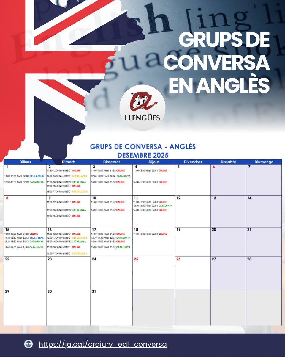 NEW! Ampliem l'oferta de grups de conversa d'anglès amb dos nous grups al desembre: B1/B2 dilluns i dimecres
 
📆 15 i 17 de desembre
🕟15 - 16h
📍#CRAICatalunya
✅Modalitat presencial

👉Reserva la teva plaça! ✉️crai.espaillengues@urv.cat
🔗tuit.cat/qeXof

<a href="/llenguesURV/">Llengües URV</a>