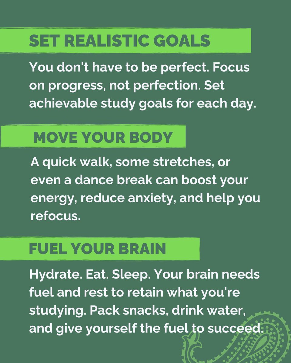 Crush finals week without crushing yourself!!

Taking care of your well-being isn't optional during exam season. Here are some simple ways to stay grounded while you power through. 

Good luck! You've got this!