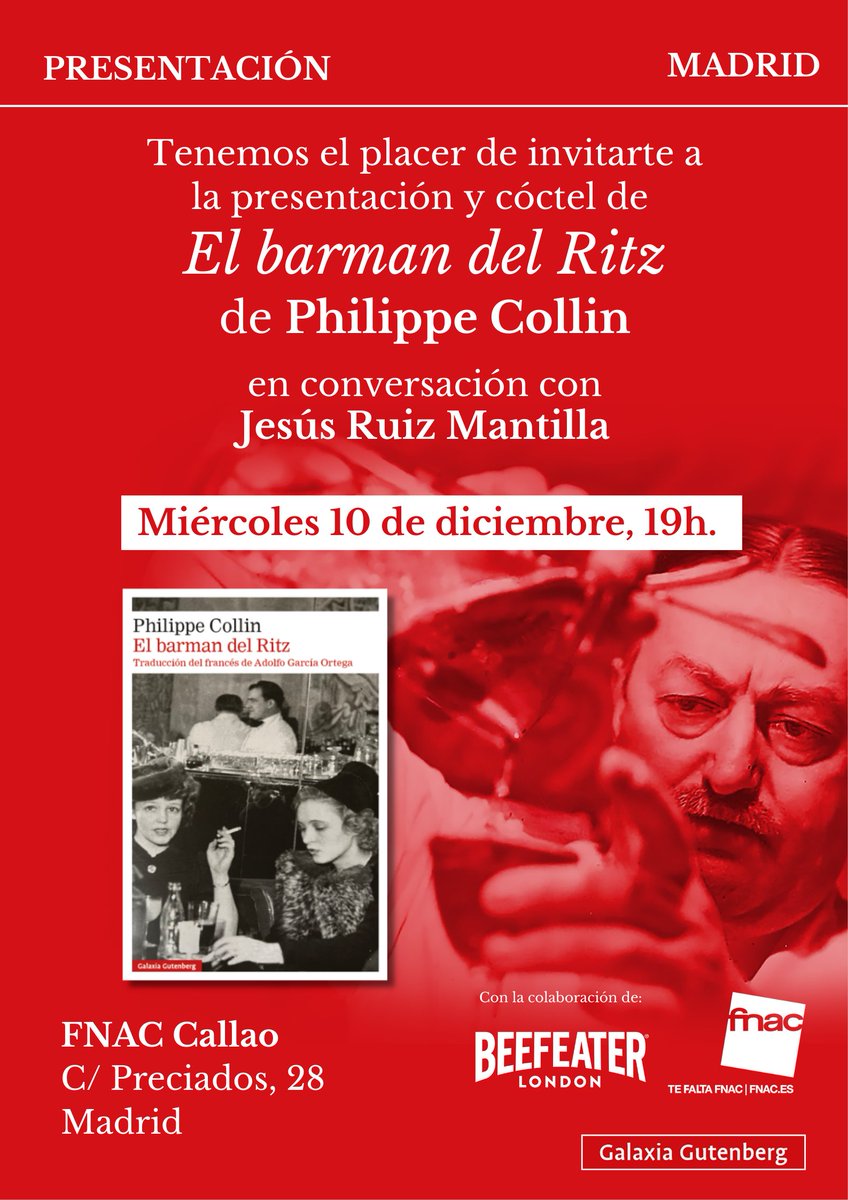 ¡Y todavía nos queda fiesta! Te esperamos esta tarde en el <a href="/Fnac_ESP/">Fnac España</a> de Callao con <a href="/Philco750062/">Philippe Collin</a> y <a href="/SoyMantilla/">Jesús Ruiz Mantilla</a>, donde hablaremos del «El barman del Ritz» y degustaremos un cóctel de la mano de <a href="/beefeatergin_ES/">Beefeater</a>. ¡No faltes! 🍸

👉 Inscripción: fnac.es/Presentacion-d…
