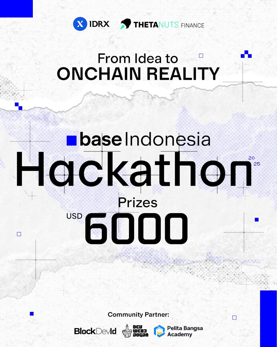 BASE INDONESIA HACKATHON IS LIVE!
Got a killer idea? Build it. Ship it. Win it.

We’re launching a new hackathon with a $6,000 prize pool, supported by our partners @IDRX_co dan <a href="/ThetanutsFi/">Thetanuts Finance</a>

bersama komunitas @BlockDev_Id, @DevWeb3Jogja, dan <a href="/PelitaBangsaID/">Pelita Bangsa Academy</a> 

Periode: 10 Dec