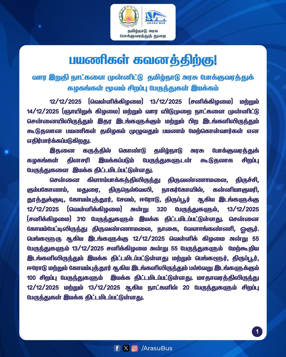 arasubus's tweet photo. வார இறுதி நாட்களை முன்னிட்டு தமிழ்நாடு அரசு போக்குவரத்துக் கழகங்கள் மூலம் சிறப்பு பேருந்துகள் இயக்கம்.
#ArasuBus | #TamilNadu | #TransportDepartment | #BusOperation | #SETC | #TNSTC | #WeekendOperation
@sunnewstamil | @PTTVOnlineNews | @ThanthiTV | @News18TamilNadu | @polimernews | @news7tamil | @Kalaignarnews | @DinakaranNews | @dinathanthi | @NewsTamilTV24x7 | @TamilTheHindu | @bbctamil | @the_hindu | @TOIChennai | @TOIIndiaNews