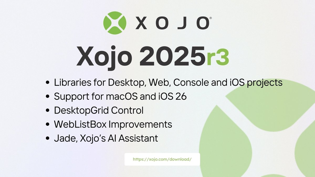 Say hello to Xojo 2025r3 🚀
This release delivers 97 new features and 186 bug fixes, plus:
• Libraries across Desktop, Web, Console &amp; iOS
• macOS &amp; iOS 26 support
• DesktopGrid control for complex data layouts
• WebListBox improvements
• Jade, the new Xojo AI assistant
Get
