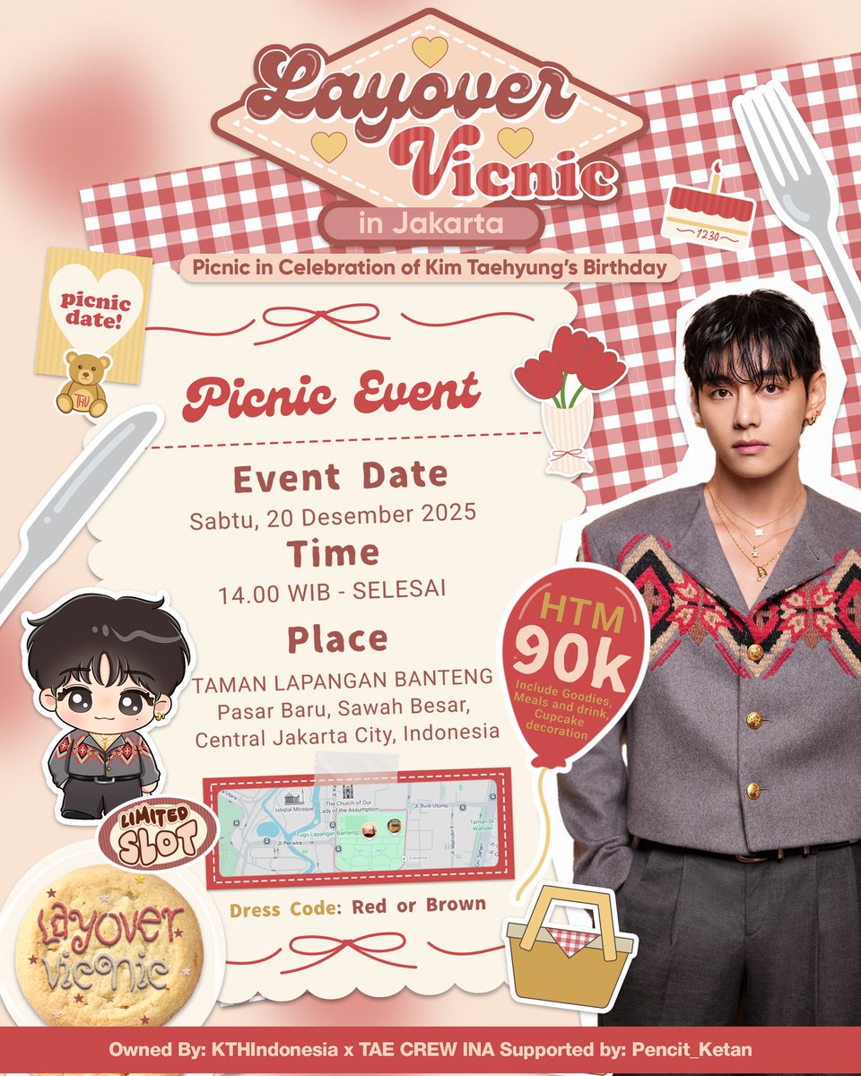 KTHIndonesia's tweet image. 💜 2025 VDAY PROJECT 2 — LAYOVER VICNIC IN JAKARTA

Vicnic ala Taehyung dan hias cupcakes untuk rayakan ulang tahun Taehyung!

📆 Sabtu, 20 Des 2025
📍 Taman Lapangan Banteng, Jakarta Pusat
🎟 Rp90K
‼️Limited seats

Registrasi mulai besok!
tiny.cc/VICNICJKT…