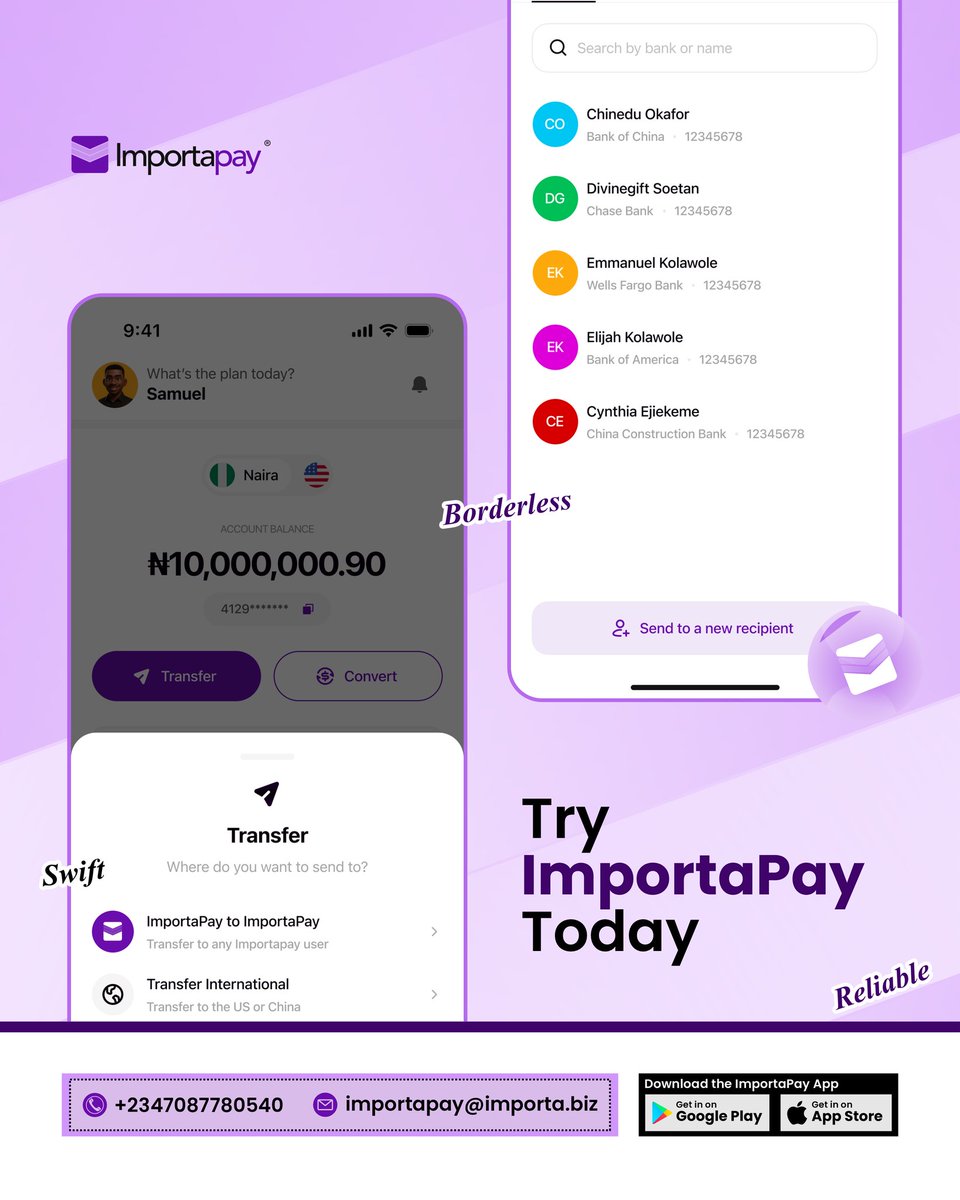 Experience payments without limits. 
With ImportaPay, sending money locally or internationally is swift, borderless, and reliable.

Whether you’re paying vendors, supporting family abroad, or moving funds across currencies, ImportaPay keeps it simple and secure.