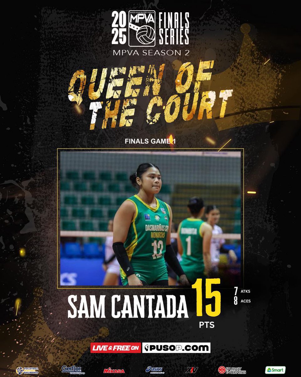 SAM-in ‘to! 💛💚

Sam Cantada of the Dasmariñas City Monarchs is our Queen of the Court after producing 15 points from seven attacks and eight aces in their straight-set in against the Biñan Tatak Gel Arellano Lady Chiefs

#MPVA2025 #AngLigaParaSaLahat #MPVASeason2