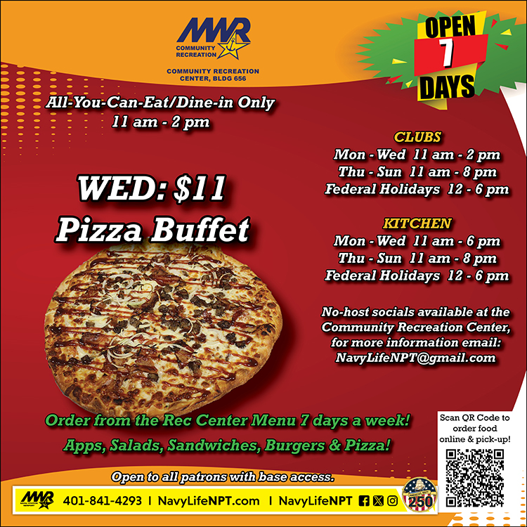 NavyLifeNPT's tweet photo. ✨ Calling all #pizzalovers! Every Wednesday at 11 am, the Community Rec Ctr transforms into a slice of heaven! Join us for an ALL-YOU-CAN-EAT pizza buffet, complete with a full salad bar to keep things *somewhat* healthy. 🥗😉 #NAVSTANPTMWR #NavySailor 🍕🎉 https://t.co/oijaDoPwMw