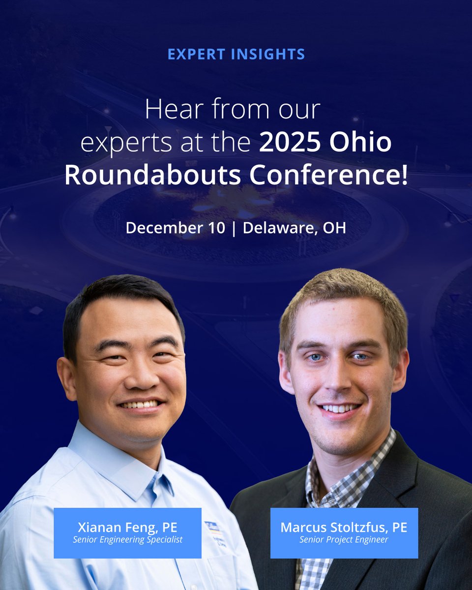 ColliersEng's tweet image. Hear from our transportation engineering experts at the 2025 Ohio Roundabouts Conference where they will be presenting today in Delaware, OH!
 
#Roundabouts #TransportationEngineering #Ohio