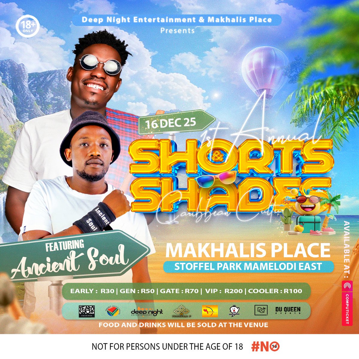 Siar_Maspila's tweet photo. Chomi Ashi Nthwela! 😎 

Introducing: Ancient-soul Engelbrecht will be rocking the dance floor, 16 Dec at Makhalis Place (StoffelPark)

Tickets available at @Computicket 🔥 🎶 🍷   ... 

https://t.co/hYdKyavlj3

#1stAnnualShortsAndShades #ShortsAndShades #CaribbeanCulture #RT https://t.co/himKV1v1jT