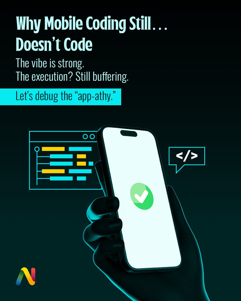 Netclues's tweet photo. Your phone can shoot 4K video, track satellites, and run three food-delivery apps at once…
 But write clean code? Yeah, that’s where the “vibe” dies. 😅
#MobileCoding #DevLife #Netclues #TechTrends https://t.co/XNahBP0CiV