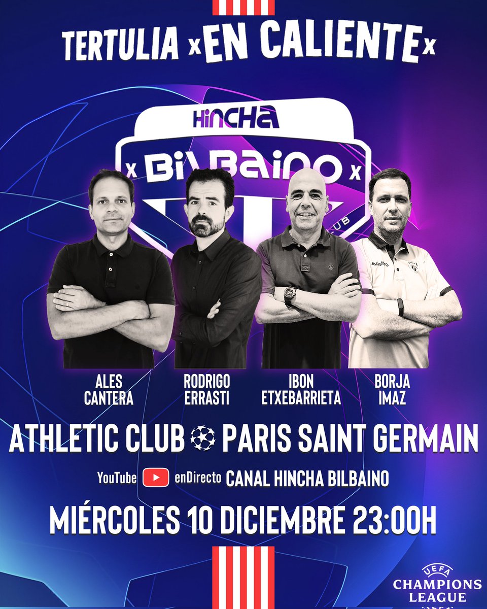 📆 Esta noche... 

10' después de concluir el partido <a href="/AthleticClub/">Athletic Club</a> - PSG

🕚 Pasadas las 23:00 h.

🇦🇹 Tertulia rojiblanca #EnCaliente 

💻 YouTube canal #HinchaBilbaino 

👥 Comentaristas: <a href="/AlesCantera/">Ales Cantera</a>, <a href="/RodriErrasti/">Rodrigo Errasti Mendiguren</a>, <a href="/ietxeba68/">Ibon Etxebarrieta</a> y <a href="/Borjaimaz71/">Borja Imaz</a>

👉🏻 ‼️Ojalá nos acompañéis‼️