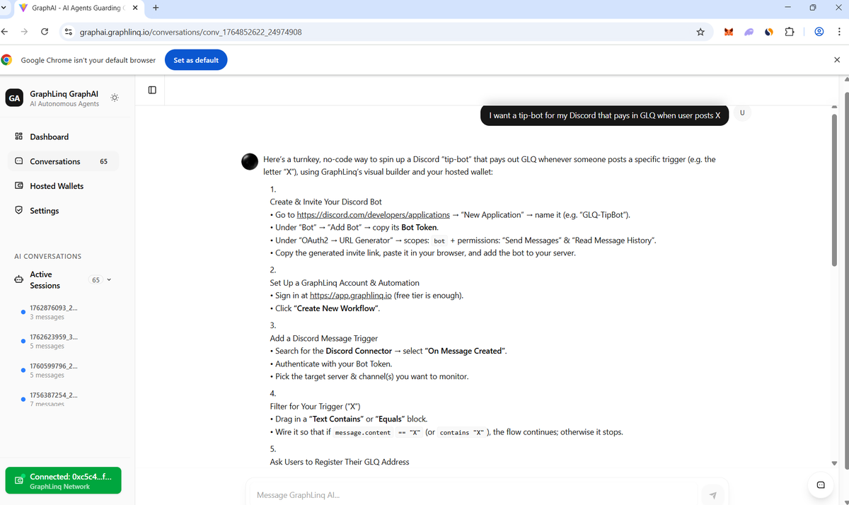 graphlinq_proto's tweet image. Everyone on CT wants to launch bots, apps, and automations…
but not everyone can code.
Huge opportunity. Huge talent gap.

That’s why GraphAI + GraphLinq IDE lets you build from idea → live with a simple prompt.
Write: “Create a tip-bot for my Discord that pays in $GLQ.”
Boom —…