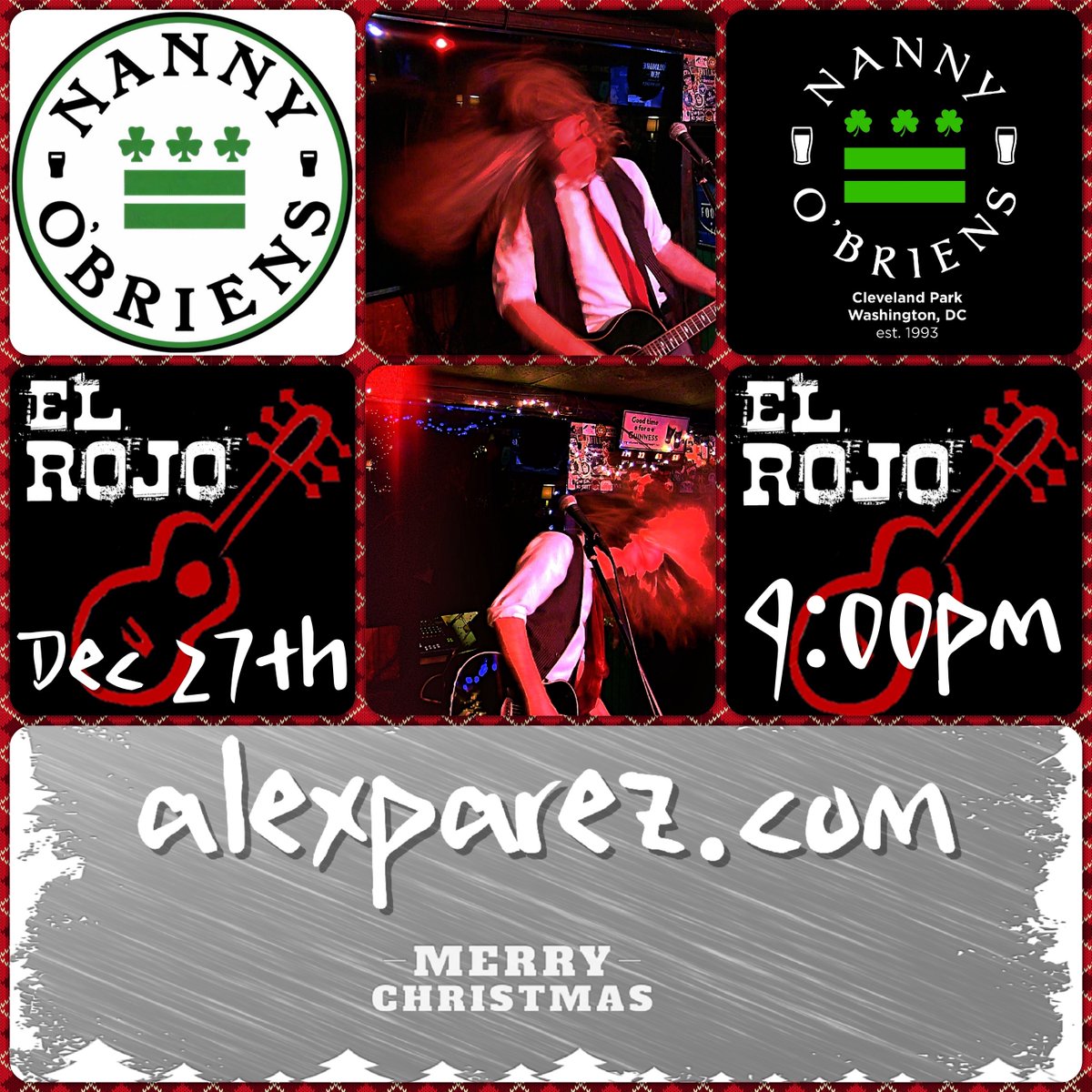 AlexTheRedParez's tweet image. And can't wait to rock out again at @NannyOBriens this Saturday! 9pm-11pm! Happy Holidays! Merry Christmas Eve!

alexparez.com/shows

nannyobriens.com