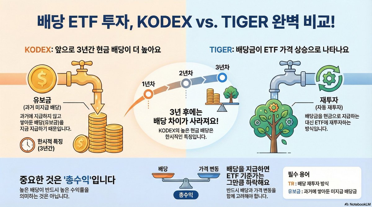 [KODEX 배당 vs TIGER 배당 정리] 

앞으로 약 3년간은 현금 배당 기준으로
KODEX가 TIGER보다 
더 많이 들어온다고 해요!

개인적으로 궁금했던 부분이라
📚 공부하면서 정리해봤습니다.

1️⃣ KODEX 배당 vs TIGER 배당 차이
2️⃣ 왜 지금 구간에서 KODEX가 유리한지
3️⃣ 대표적인 배당 ETF 유형
고배당,