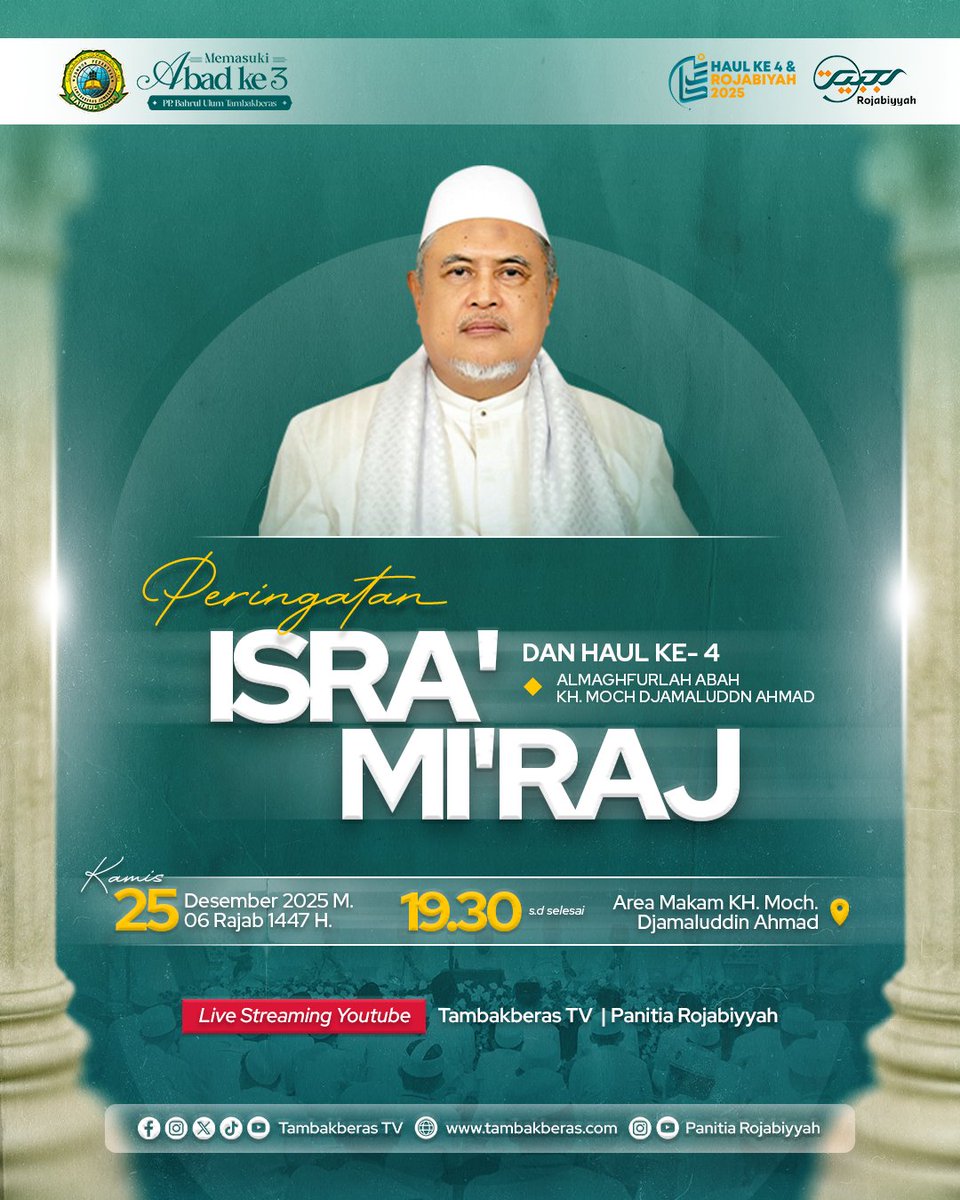 Peringatan Isra' Mi'raj &amp; Haul Ke-4 Almaghfurlah KH. Moch Djamaluddin Ahmad.

​Saksikan lLive Streaming YouTube: Tambakberas TV | Panitia Rajabiyyah. 

​#IsraMiraj #rajabiyah #khdjamaluddinahmad #mbahdjamal #tambakberastv