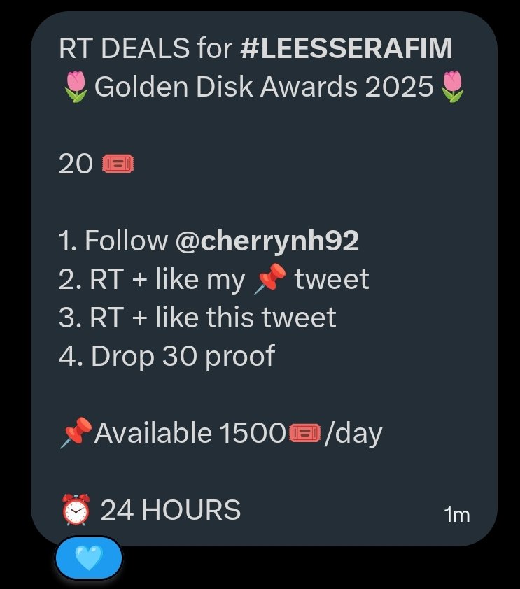 sserapolls's tweet photo. RT DEALS for #LEESSERAFIM
🌷Golden Disk Awards 2025🌷
20 🎟
1. Follow @cherrynh92
2. RT + like my 📌 tweet
3. RT + like this tweet
4. Drop 30 proof
📌Available 1500🎟/day
⏰ 24 HOURS https://t.co/gBMlZKuVX4