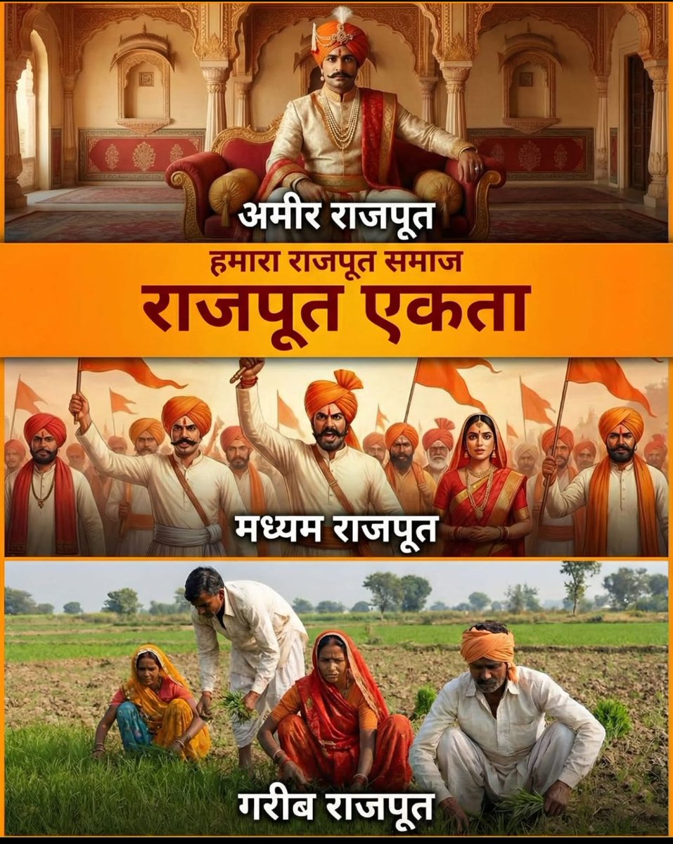 हमारा राजपूत समाज तीन भागो में बटा हुआ हेेै
और यही कारण हेै कि हम पीछे हैं। 👇

👉 अमीर राजपूत :- जिसको राजपूत एकता से कोई मतलब नहीं क्यों कि उसके पास सब कुछ हैे , उनके लिए ये बात फालतू हैे इनका खून ठंडा हो गया है, जब तक उन पर मुसीबत नहीं आएगी और दुनिया राजपूत नाम सुनकर जूते नहीं