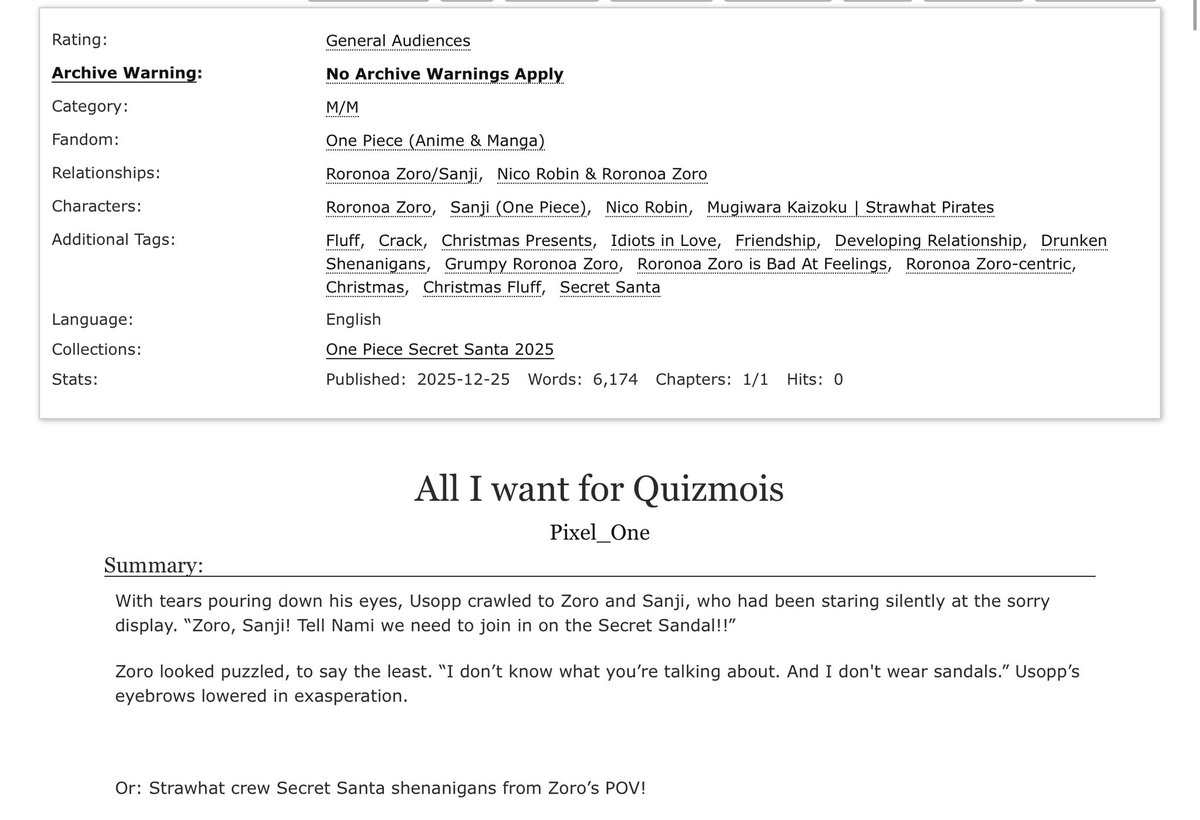 My piece for #opsecretsanta!!
Happy holidays dear <a href="/dextrasinestra/">Dex ✨</a>! It was a pleasure writing this for you, hope you enjoy!

archiveofourown.org/works/76327551

#zosanzo #opsecretsanta2025 <a href="/OP_SecretSanta/">OP Secret Santa</a>