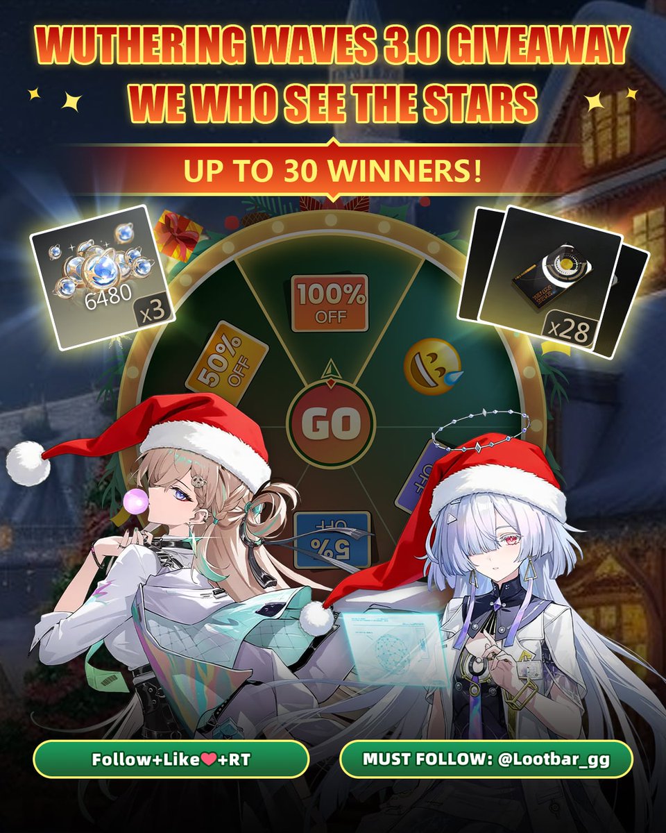 Lootbar_gg's tweet image. 🎄 Xmas &amp;amp; WUWA 3.0 Giveaway is LIVE!
🎡 Claim Your GUARANTEED Bonus First!
Head to lootbar.gg/event/christma… &amp;amp; spin the "First Spin Wins" Draw for a chance at a 100% OFF Coupon!
🌟 Not a WuWa player? No problem!
Pick a gift of equal value from ANY other game on…