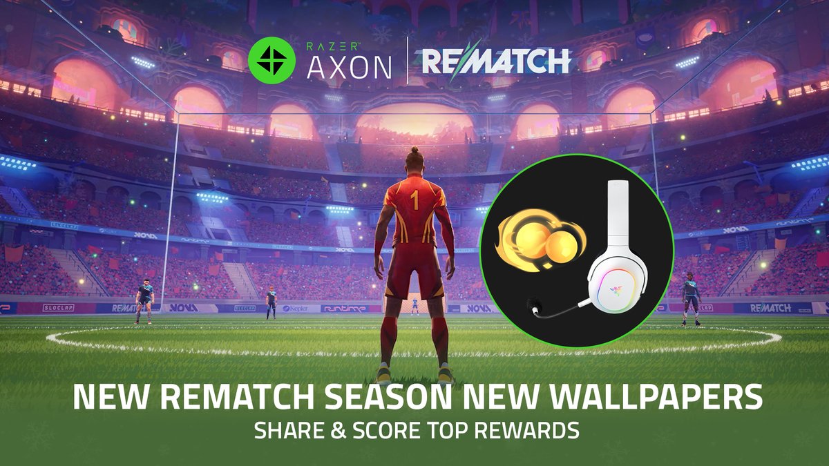 Razer's tweet image. This holiday season, bring REMATCH straight into your battlestation. Download the Razer Axon x REMATCH wallpapers, apply them to your desktop, and show us how you’re ending the year in style. 

Post your setup in our Discord for a chance to win a Razer Barracuda X Chroma and…
