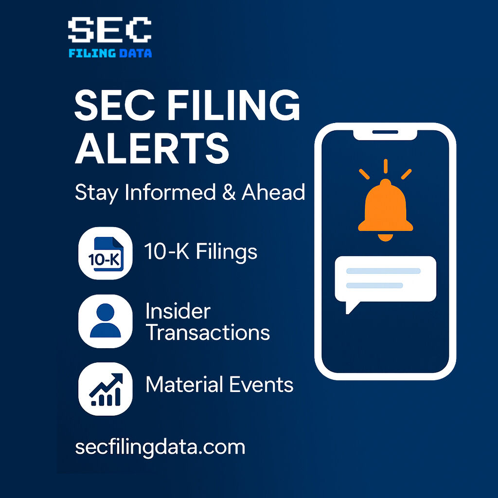 secfilingdata's tweet image. SEC Filing Alerts - Stay Informed &amp;amp; Ahead

• Get alerts on 10-Q/10-K, insider transactions, and material events
• Instant notifications for new filings and ownership changes
• Track every filing by companies you follow
• Unlock insights: IPOs, SPACs, shells, registration stat