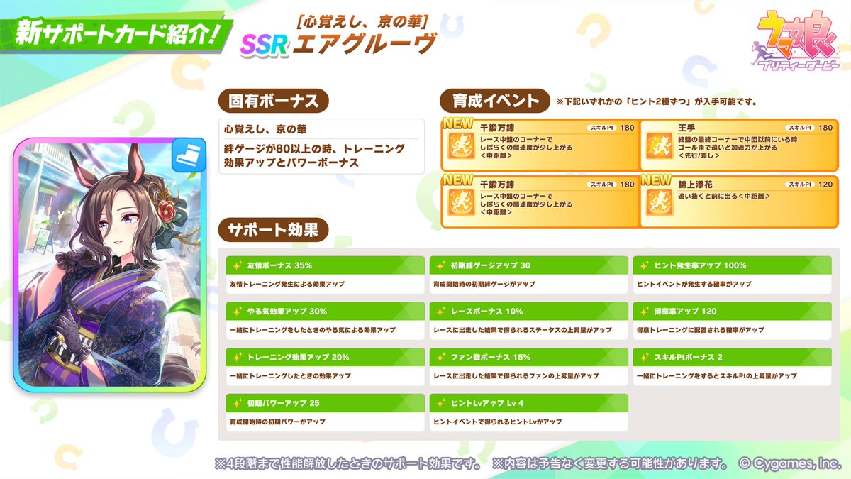 【新サポートカード紹介】
新たに登場するSSR[心覚えし、京の華]エアグルーヴの情報を一部ご紹介！

詳細は、12/26から開催するガチャ画面右上の[サポートカード詳細]をご確認ください！

#ウマ娘 #ゲームウマ娘