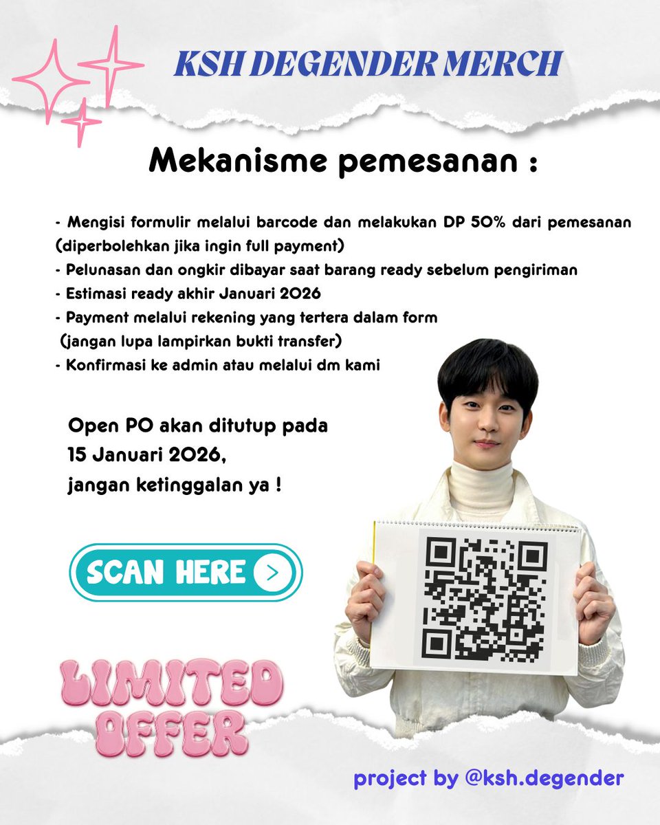 Kshdegender's tweet photo. ~ KIM SOO HYUN BIRTHDAY PROJECT 2026 LINEUP ~

Hallo Kim Soo Hyun Fans 👋🏻
Masih dalam rangkaian KIM SOO HYUN BIRTHDAY PROJECT 2026 by KSH Degender, kali ini kita juga menjual berbagai merchandise ya 😍
Temanya “SOO-ADORABLE HYUN” yang mencerminkan pribadi Kim Soo Hyun yang juga selalu menyenangkan dengan semua orang 🥰

Our merch :
1. Peek a Boo T-Shirt 
2. ⁠Soohyunie Hoodie
3. ⁠KSH Tumbler
4. ⁠Kim Cutie Bag
*untuk harga dan detail produk tercantum di foto

Untuk pemesanan bisa melalui scan barcode di atas ya 🤗

Open PO ini akan ditutup pada 15 Januari 2025, dan edisi terbatas tidak akan ada penjualan merch edisi ini kembali.
Jadi jangan sampai ketinggalan yaa, yuk samaan 😍😍
Selain dipakainya nyaman, dilihat juga bikin senyum sendiri, plus bisa kembaran juga sama para bestie ✨

Don’t missed it ‼️

Informasi lebih lanjut silahkan hubungi admin, Terimakasih 🤗

With Love,
KSH Degender Team
https://t.co/1Nk7N9YIoH