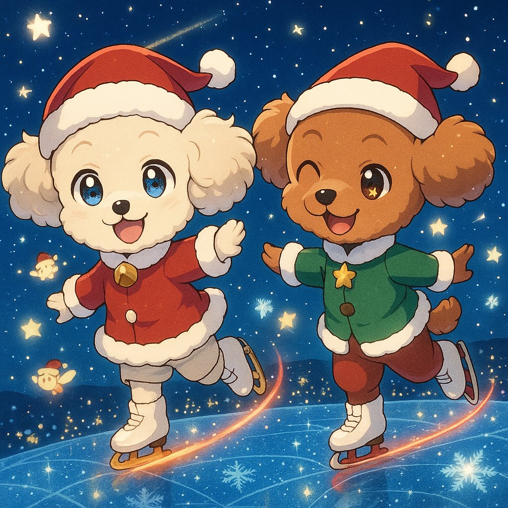 本日のワンショット🐶
🐾ほのぼのシリーズ🐾

星降る空で兄弟がクリスマススケートを満喫中🎄✨

弾ける笑顔と光の軌跡が一面を彩る⛸❄️

聖夜の魔法はここから始まる⭐️

でちゅ～～～🐶✨💕💕💕
#愛犬
#トイプー
#AIイラスト
#スケートの日