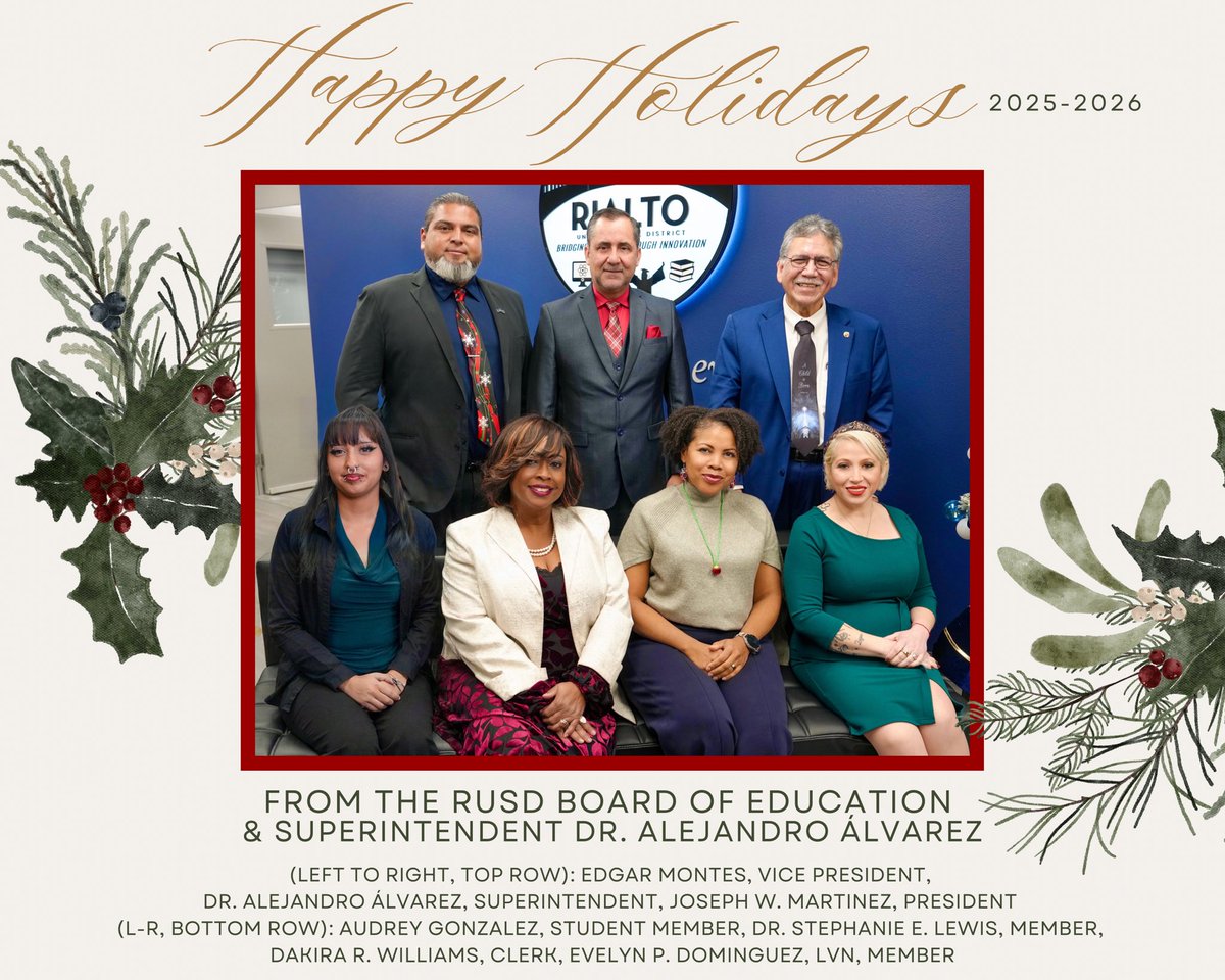 🎄✨ Season’s Greetings from Rialto USD ✨🎄

As the year comes to a close, the Rialto USD Board of Education and Superintendent Dr. Álvarez share their appreciation for the dedication, resilience, and spirit of our students, staff, families, and community. 

Happy Holidays!❤️💚