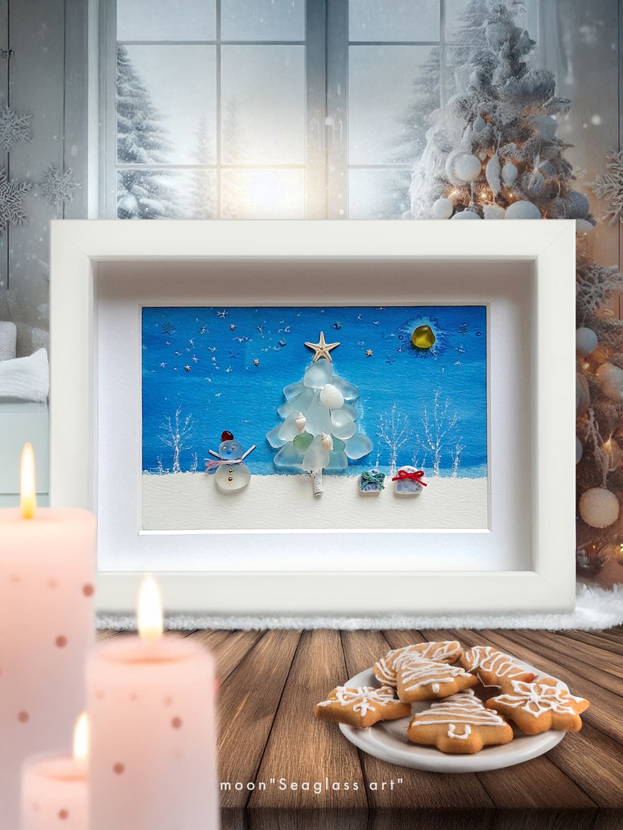 海からの贈り物、シーグラスと貝殻で描く 「ホワイトクリスマス