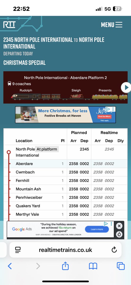 BCUIM's tweet photo. Great to see the Real Time Trains app is tracking the Christmas Special from North Pole International again.
The train formation is as interesting as ever.  
I'm tempted to do some trainspotting at my local station - but it's too cold. https://t.co/2l9vjbCmZB