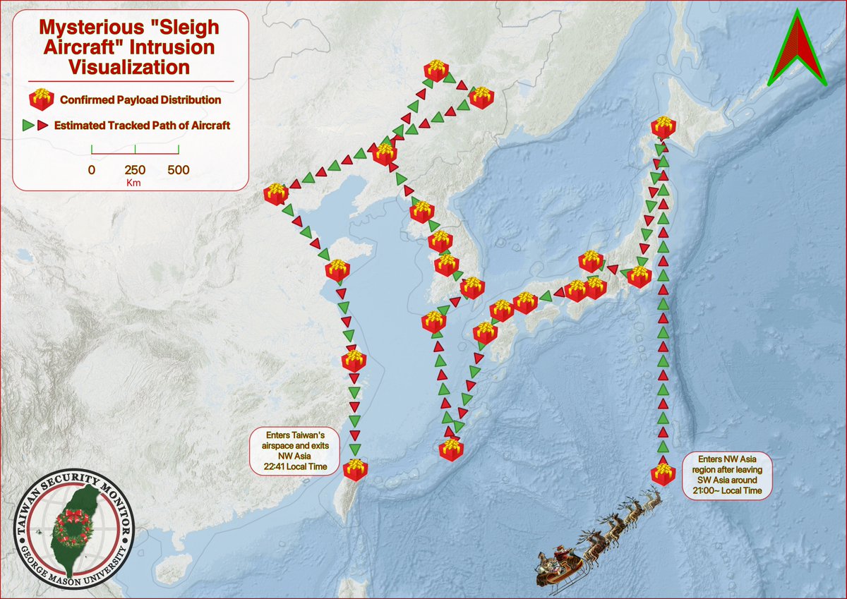 TaiwanMonitor's tweet image. 🎄🎅NEW: TSM can now confirm that NORAD is actively tracking the unknown "Sleigh aircraft" identified over several major cities across the world. 

Our visualization shows the aircraft's estimated path over the skies of Northwest Asia, and major stopping points.