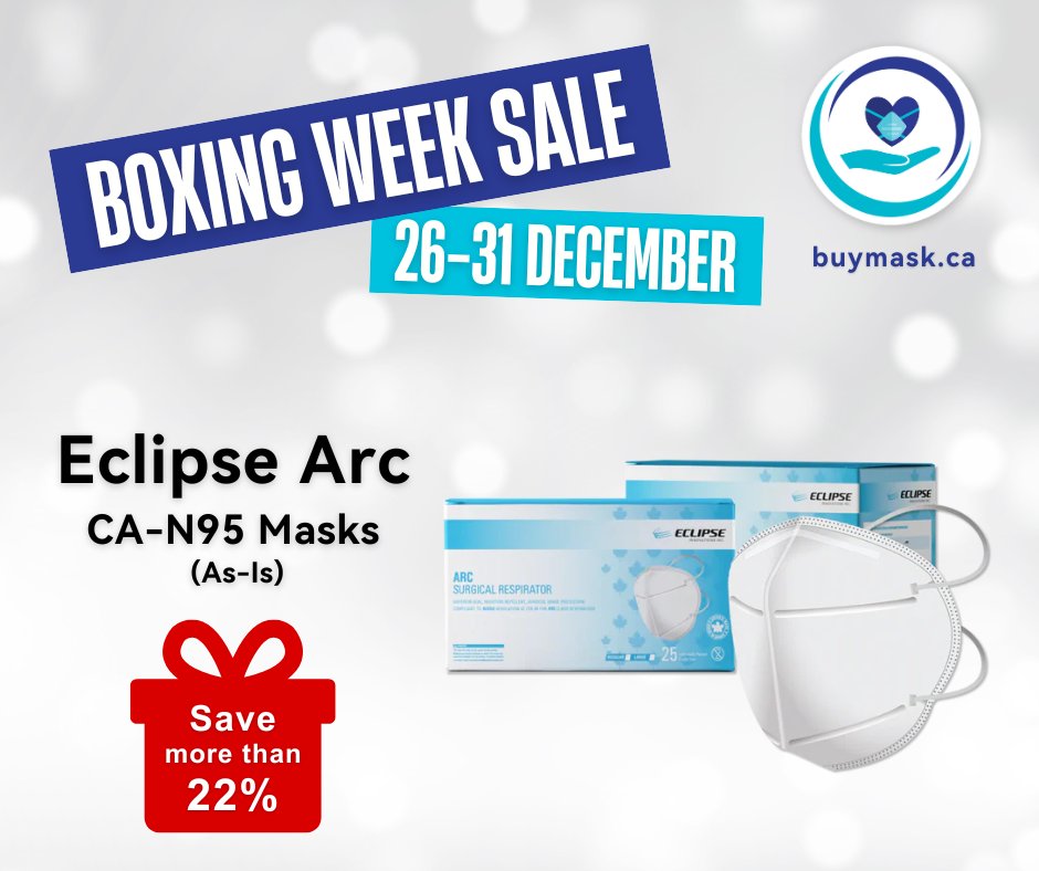 DonateMask's tweet image. DYK? Expired respirator masks offer excellent protection. 😷 That’s why a case of 500 Eclipse Arc CA-N95 Masks (As-Is) is now on sale for only $75.84. 🎉 When using expired masks, check the condition of the straps and the seal.

🛒buymask.ca

#MadeInCanada #BoxingDay