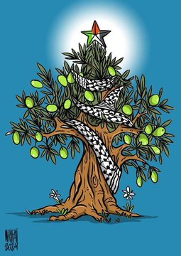 PalestineCultu1's tweet image. An olive tree that refuses to die, wrapped in the spirit of a people who refuse to be erased.