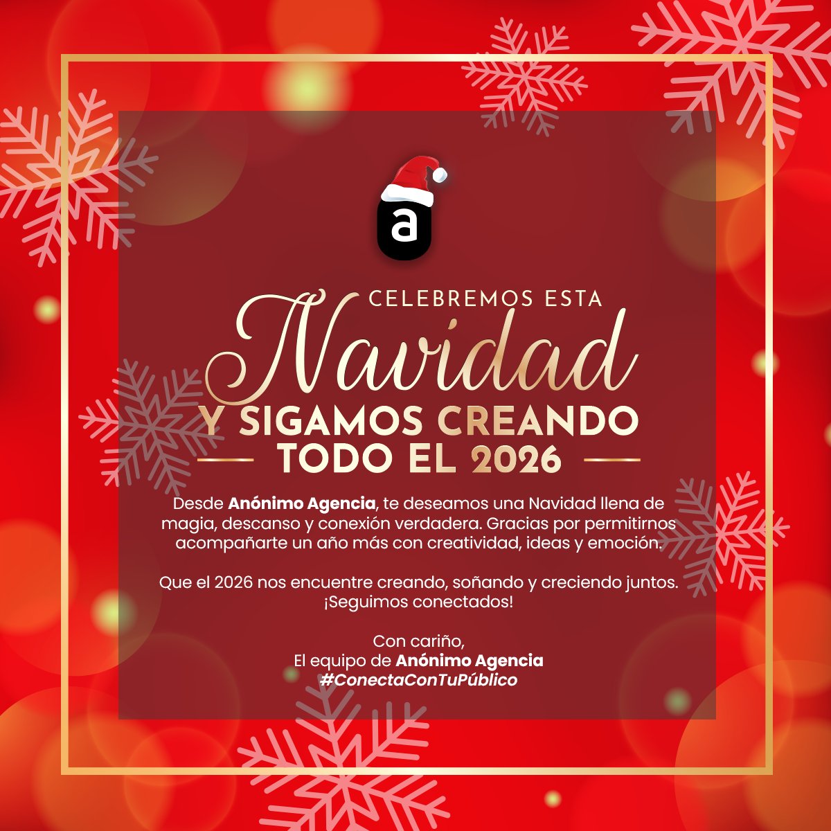 🎄¡Gracias por confiar en nosotros este 2025 lleno de ideas, desafíos y creatividad! Desde Anónimo Agencia te deseamos unas fiestas llenas de magia, conexión y descanso.

🌟 ¡Seguimos conectados para todo lo que viene el
2026!

#FelicesFiestas #AnónimoAgencia
#ConectaConTuPúblico
