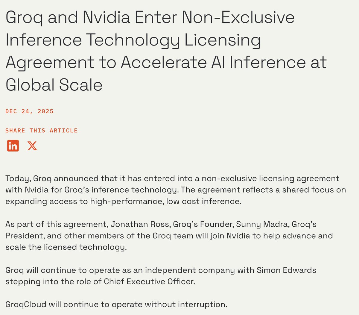 🔵MARKETEVANS: Groq sigla un accordo di licenza con Nvidia per la sua tecnologia di inferenza