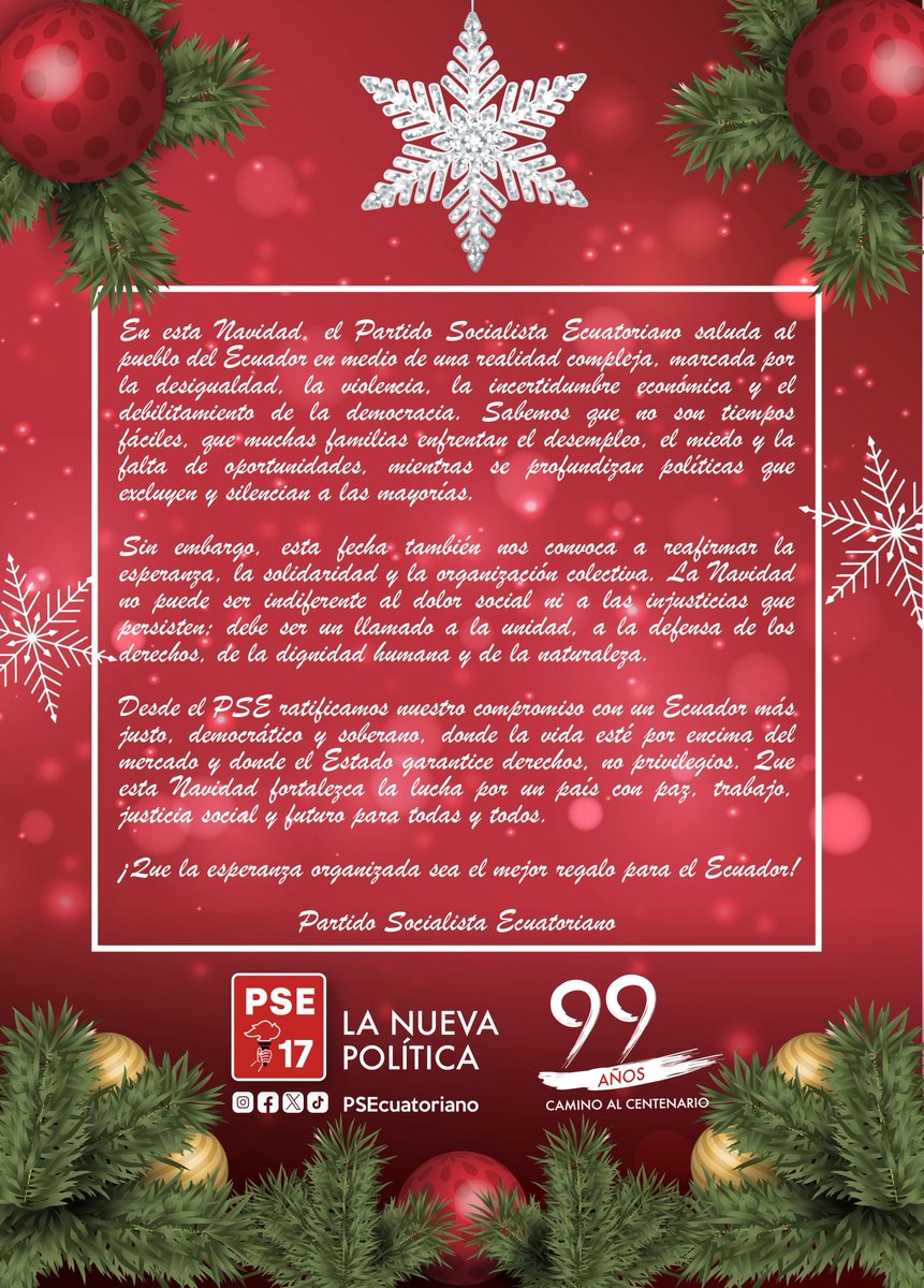 Esta Navidad, desde el PSE levantamos la voz con esperanza y firmeza.
Una carta para no rendirnos, para creer en la justicia social y seguir luchando por un Ecuador digno y unido. ✊🎄

#FelizNavidad
#LaNuevaPolítica
#CaminoAlCentenario