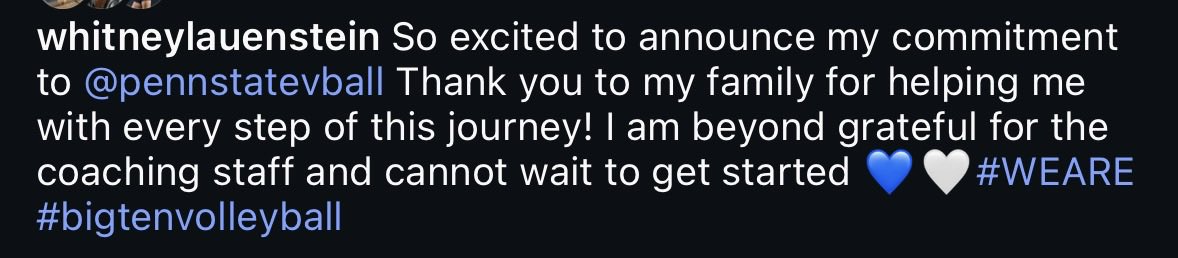 Lincoln_VB's tweet photo. Whitney Lauenstein announced that she will continue her career at Penn State. 
The Waverly graduate played her first two seasons at Nebraska while spending the last two years at Texas. She appeared in 20 sets over 8 matches this year with the Longhorns and recorded 33K and 14B. https://t.co/Xyo91xw8fX