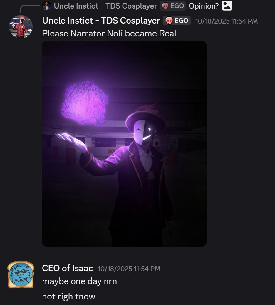 Uncle_Instict's tweet image. Greetings Forsaken Fans, Meet your Narrator Cosplayer here, who is actually No Lifer on TDS (2.5K+ hours playing)

2 months ago, I was asking @ChiefofIsaac if it was possible for the Narrator to be Noli Skin, but now it has became real
#TowerDefenseSimulator 
#Forsaken