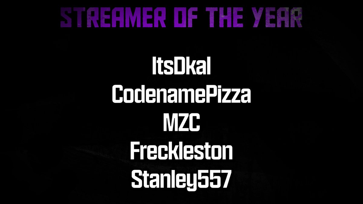 For Streamer of the Year the nominees are

- <a href="/itsDkal/">Dkal</a> 
- <a href="/CodeNamePizza/">PIZZA🍕</a> 
- <a href="/MZC369/">MZC</a> 
- <a href="/Freckleston63/">Jack | Freckleston</a> 
- <a href="/Stanley5574420/">Stanley557</a>