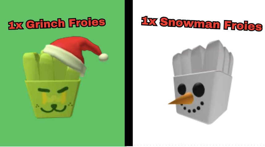 Giveaway time for Snowman Froies and Grinch Froies wowie 🤩

Requirements are 
. Follow <a href="/VeryYummyPotato/">Yummy Potato</a> ✨
. Like + Retweet ♥️🔁
. Reply saying "Merry Potato" 🗣️

Giveaway ends in 2-3 days and if low entries I will cancel ig