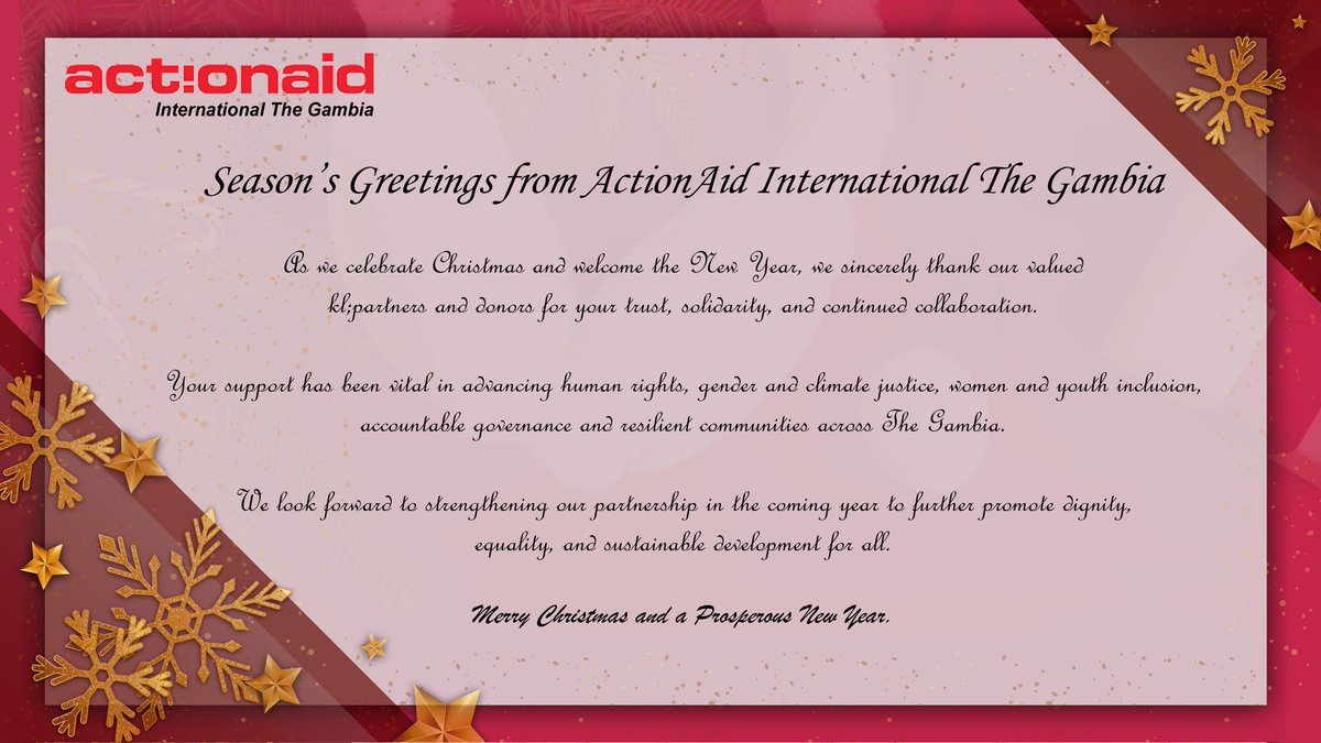 Season’s Greetings from ActionAid International The Gambia. 

As we celebrate Christmas &amp; welcome the New Year, we sincerely thank our valued partners &amp; donors for your trust, solidarity, &amp; continued collaboration.  

For more follow the link below...
m.facebook.com/story.php?stor…