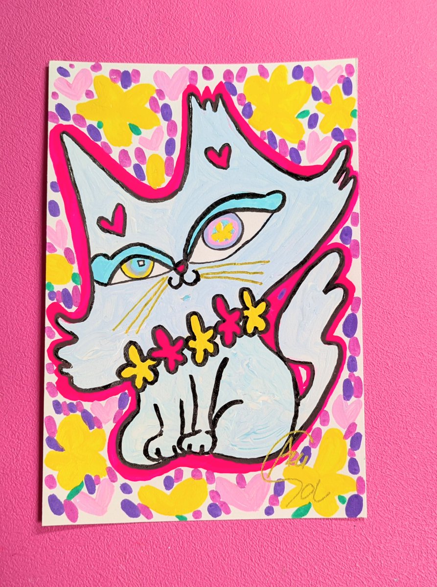 【手描きイラスト 221】ファンアート原画 中色紙　猫「スーパー♡にゃーる」 猫絵𓃠 ＃イラスト ＃猫 ＃画家 ＃絵画 ＃手描きイラスト